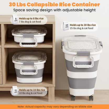 30 Lbs Rice Container, Collapsible Dog Food Storage Container | Airtight Cat Food Container with Wheels, Transparent Lid, Measuring Cup, Scoop and Handle, BPA Free for Pet Food, Bird Seed