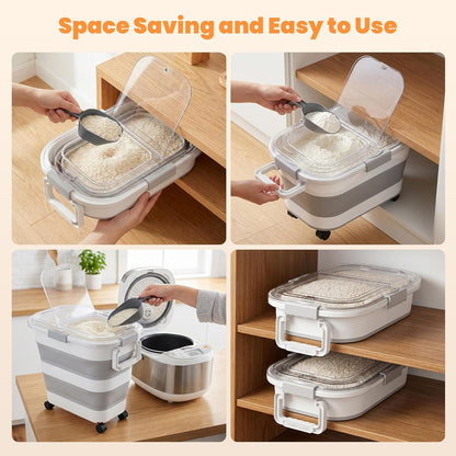 30 Lbs Rice Container, Collapsible Dog Food Storage Container | Airtight Cat Food Container with Wheels, Transparent Lid, Measuring Cup, Scoop and Handle, BPA Free for Pet Food, Bird Seed