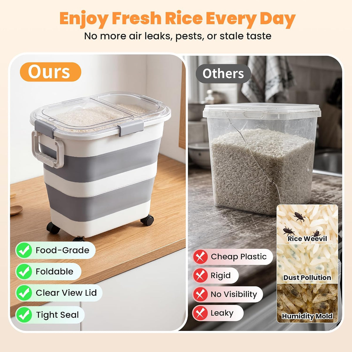 30 Lbs Rice Container, Collapsible Dog Food Storage Container | Airtight Cat Food Container with Wheels, Transparent Lid, Measuring Cup, Scoop and Handle, BPA Free for Pet Food, Bird Seed
