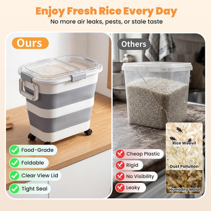30 Lbs Rice Container, Collapsible Dog Food Storage Container | Airtight Cat Food Container with Wheels, Transparent Lid, Measuring Cup, Scoop and Handle, BPA Free for Pet Food, Bird Seed
