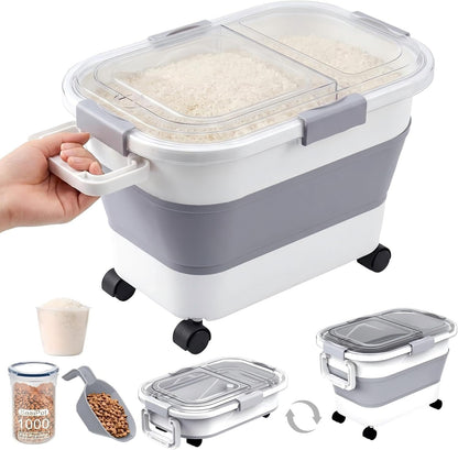 30 Lbs Rice Container, Collapsible Dog Food Storage Container | Airtight Cat Food Container with Wheels, Transparent Lid, Measuring Cup, Scoop and Handle, BPA Free for Pet Food, Bird Seed