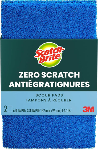 Scotch-Brite Zero Scratch Scouring Pad, Effective + Gentle Dish Scrubber for Household Cleaning, 2 Scrub Pads for Dishes, Nonstick Pots and Pans, Glass, Tubs, Showers, Reusable & Durable