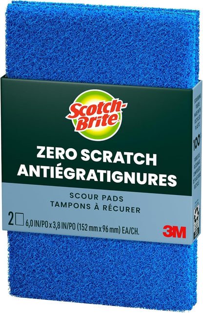 Scotch-Brite Zero Scratch Scouring Pad, Effective + Gentle Dish Scrubber for Household Cleaning, 2 Scrub Pads for Dishes, Nonstick Pots and Pans, Glass, Tubs, Showers, Reusable & Durable