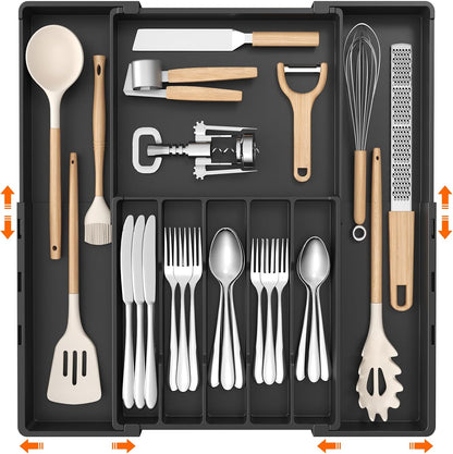 Expandable Silverware Drawer Organizer, Utensil Tray for Kitchen | BPA Free Flatware Cutlery Holder, Adjustable Plastic Storage Spoons Forks Knives, 8.9-14.3 x 11.3-19.4 x 1.7", Black