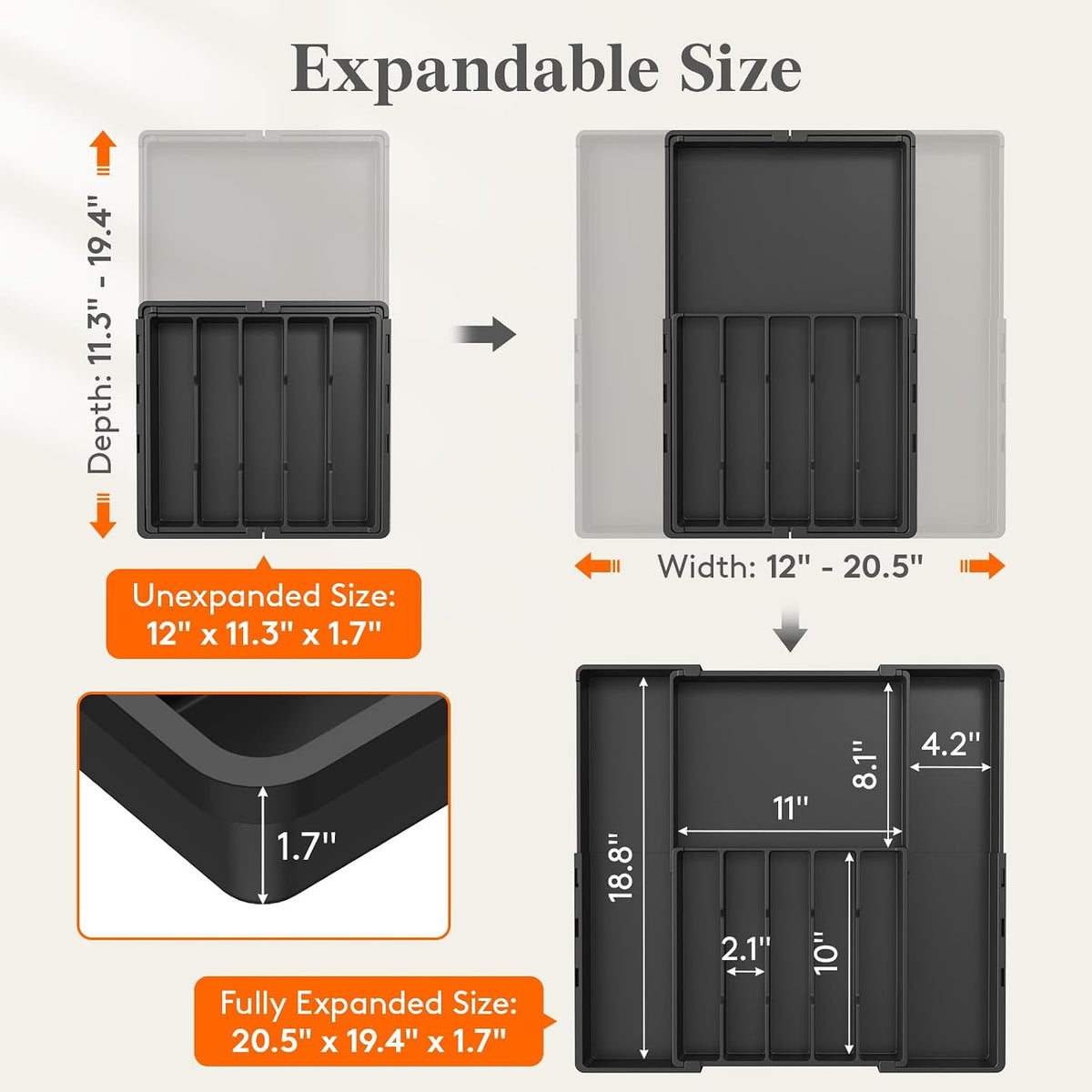 Expandable Silverware Drawer Organizer, Utensil Tray for Kitchen | BPA Free Flatware Cutlery Holder, Adjustable Plastic Storage Spoons Forks Knives, 8.9-14.3 x 11.3-19.4 x 1.7", Black