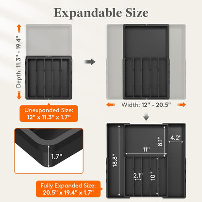 Expandable Silverware Drawer Organizer, Utensil Tray for Kitchen | BPA Free Flatware Cutlery Holder, Adjustable Plastic Storage Spoons Forks Knives, 8.9-14.3 x 11.3-19.4 x 1.7", Black