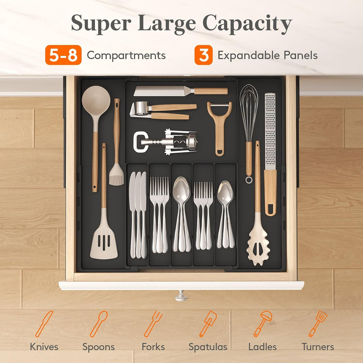 Expandable Silverware Drawer Organizer, Utensil Tray for Kitchen | BPA Free Flatware Cutlery Holder, Adjustable Plastic Storage Spoons Forks Knives, 8.9-14.3 x 11.3-19.4 x 1.7", Black