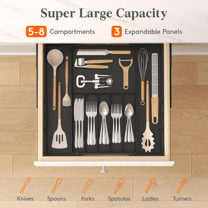 Expandable Silverware Drawer Organizer, Utensil Tray for Kitchen | BPA Free Flatware Cutlery Holder, Adjustable Plastic Storage Spoons Forks Knives, 8.9-14.3 x 11.3-19.4 x 1.7", Black