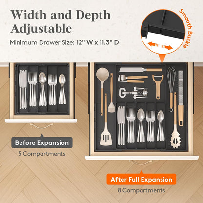 Expandable Silverware Drawer Organizer, Utensil Tray for Kitchen | BPA Free Flatware Cutlery Holder, Adjustable Plastic Storage Spoons Forks Knives, 8.9-14.3 x 11.3-19.4 x 1.7", Black