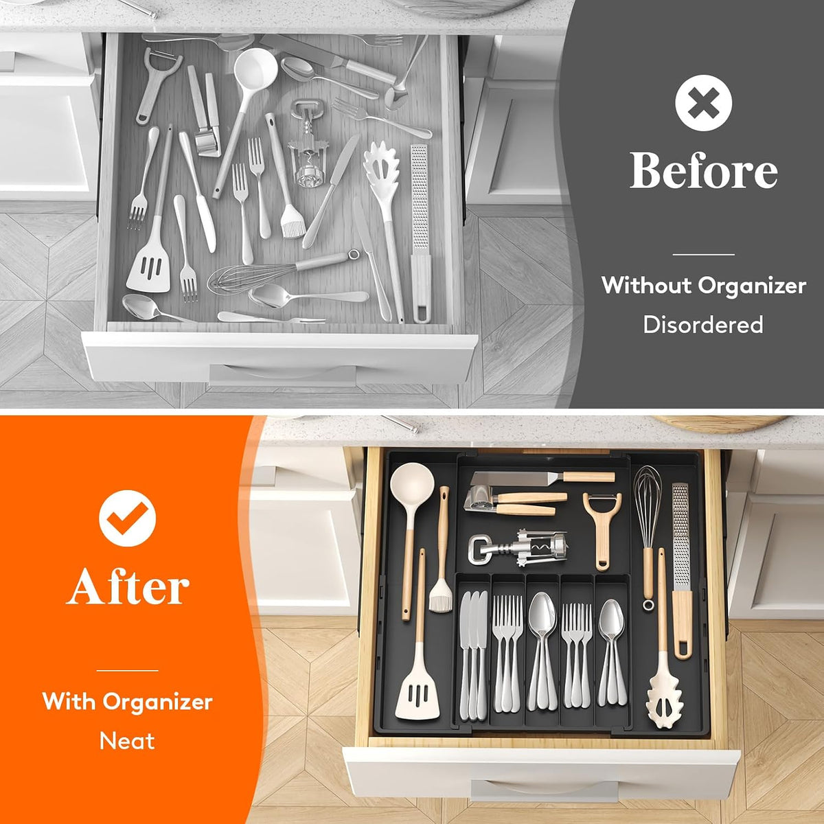 Expandable Silverware Drawer Organizer, Utensil Tray for Kitchen | BPA Free Flatware Cutlery Holder, Adjustable Plastic Storage Spoons Forks Knives, 8.9-14.3 x 11.3-19.4 x 1.7", Black
