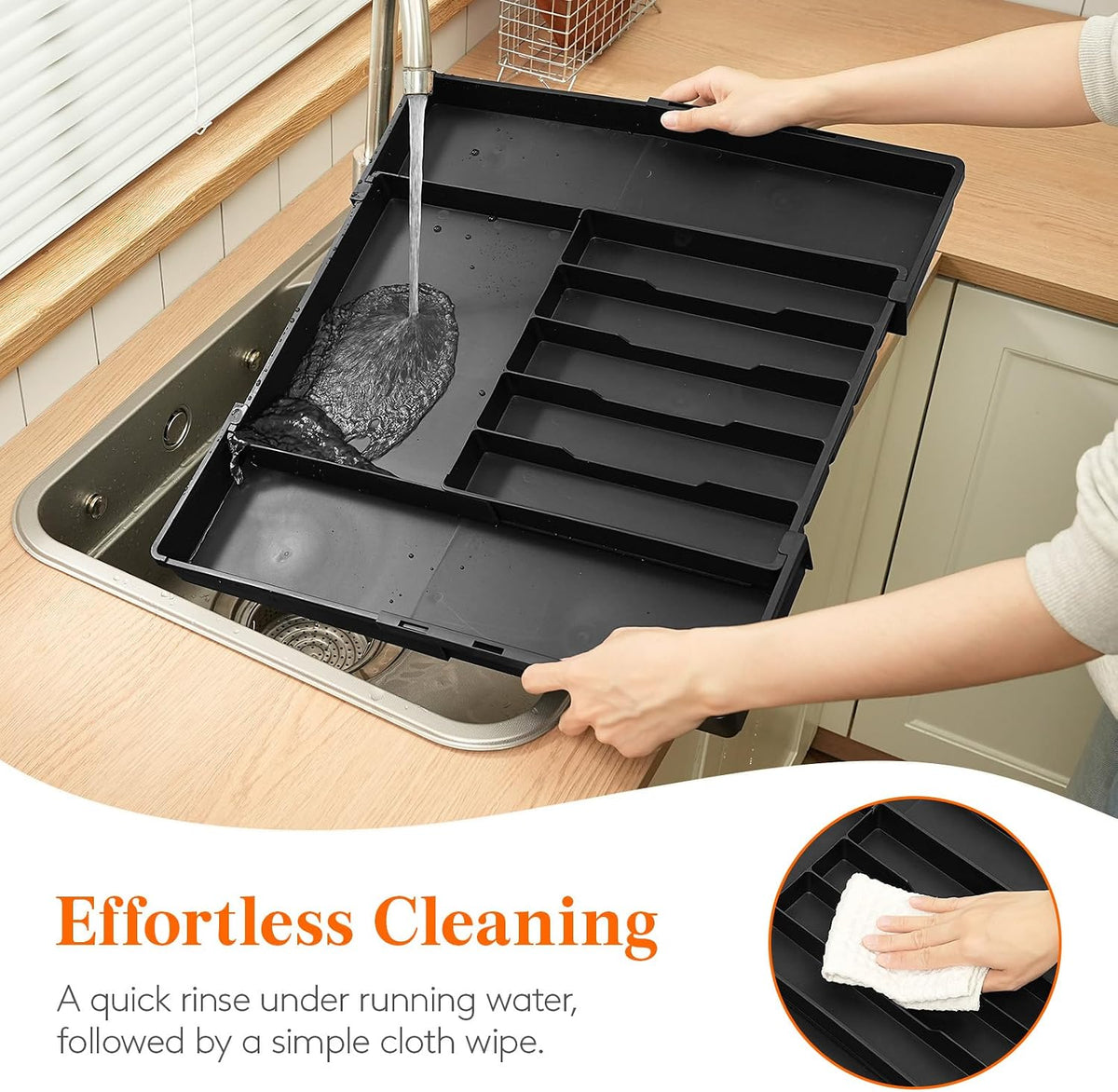 Expandable Silverware Drawer Organizer, Utensil Tray for Kitchen | BPA Free Flatware Cutlery Holder, Adjustable Plastic Storage Spoons Forks Knives, 8.9-14.3 x 11.3-19.4 x 1.7", Black