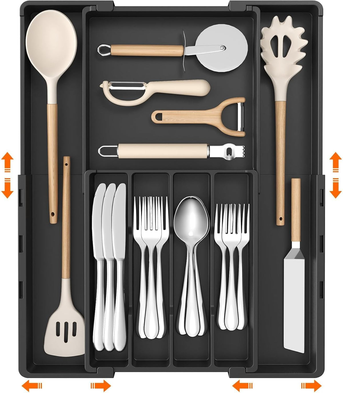 Expandable Silverware Drawer Organizer, Utensil Tray for Kitchen | BPA Free Flatware Cutlery Holder, Adjustable Plastic Storage Spoons Forks Knives, 8.9-14.3 x 11.3-19.4 x 1.7", Black