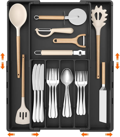 Expandable Silverware Drawer Organizer, Utensil Tray for Kitchen | BPA Free Flatware Cutlery Holder, Adjustable Plastic Storage Spoons Forks Knives, 8.9-14.3 x 11.3-19.4 x 1.7", Black