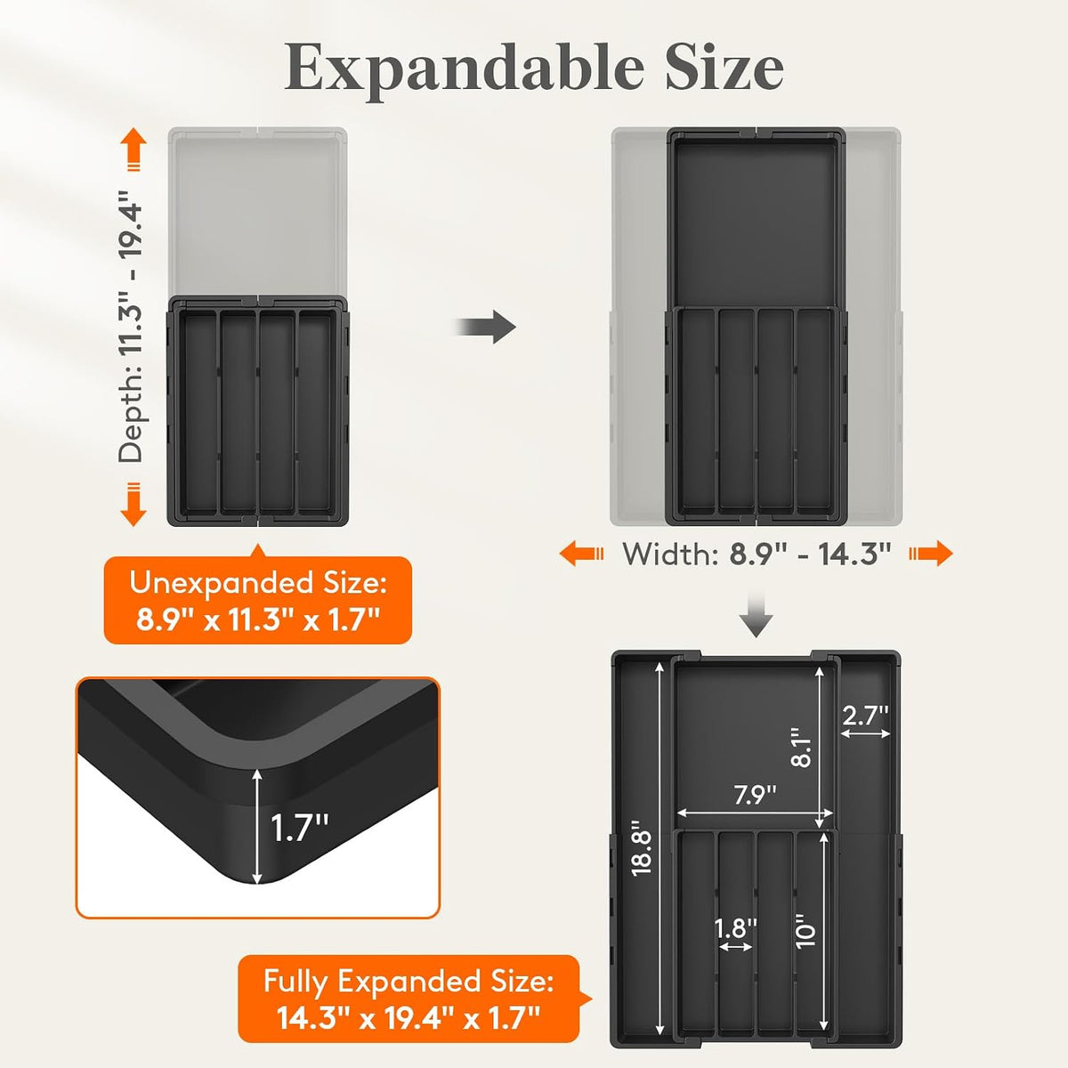 Expandable Silverware Drawer Organizer, Utensil Tray for Kitchen | BPA Free Flatware Cutlery Holder, Adjustable Plastic Storage Spoons Forks Knives, 8.9-14.3 x 11.3-19.4 x 1.7", Black