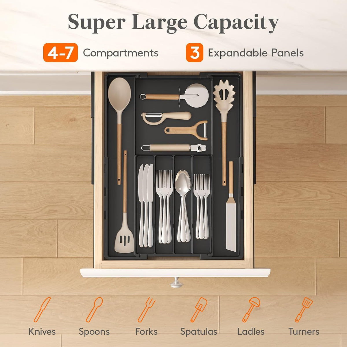 Expandable Silverware Drawer Organizer, Utensil Tray for Kitchen | BPA Free Flatware Cutlery Holder, Adjustable Plastic Storage Spoons Forks Knives, 8.9-14.3 x 11.3-19.4 x 1.7", Black