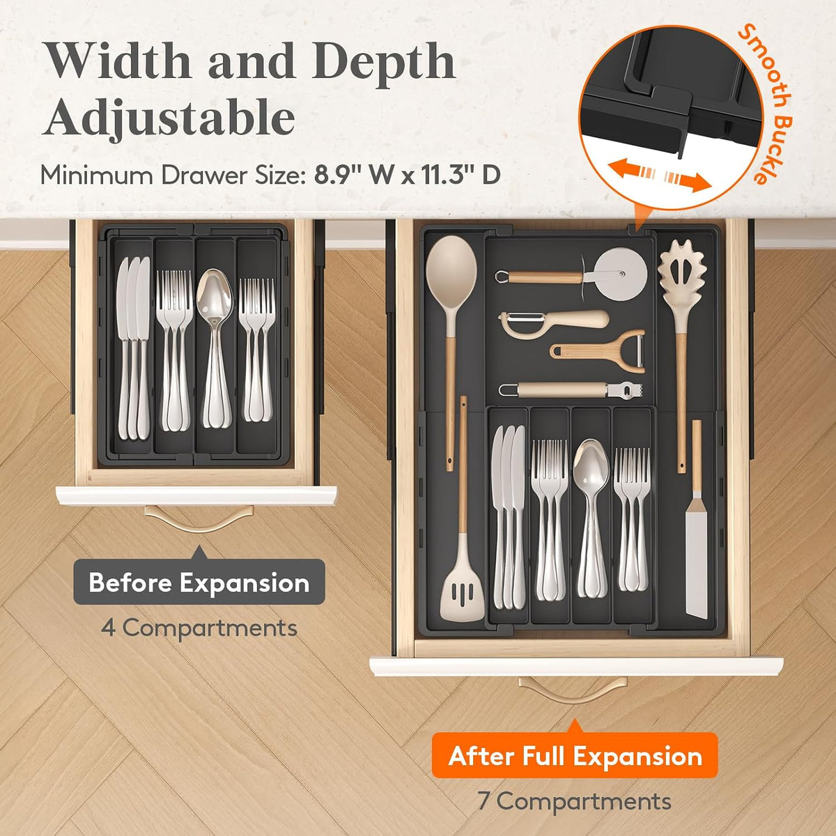 Expandable Silverware Drawer Organizer, Utensil Tray for Kitchen | BPA Free Flatware Cutlery Holder, Adjustable Plastic Storage Spoons Forks Knives, 8.9-14.3 x 11.3-19.4 x 1.7", Black
