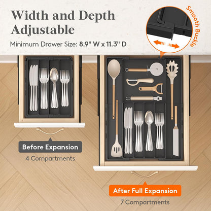 Expandable Silverware Drawer Organizer, Utensil Tray for Kitchen | BPA Free Flatware Cutlery Holder, Adjustable Plastic Storage Spoons Forks Knives, 8.9-14.3 x 11.3-19.4 x 1.7", Black