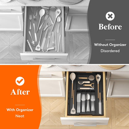 Expandable Silverware Drawer Organizer, Utensil Tray for Kitchen | BPA Free Flatware Cutlery Holder, Adjustable Plastic Storage Spoons Forks Knives, 8.9-14.3 x 11.3-19.4 x 1.7", Black