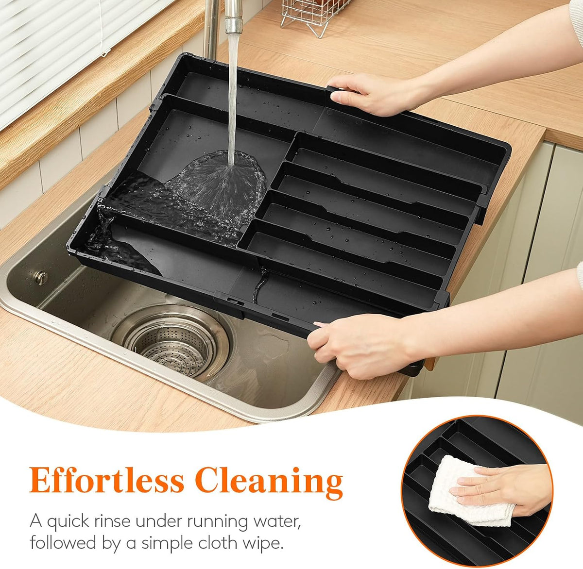 Expandable Silverware Drawer Organizer, Utensil Tray for Kitchen | BPA Free Flatware Cutlery Holder, Adjustable Plastic Storage Spoons Forks Knives, 8.9-14.3 x 11.3-19.4 x 1.7", Black