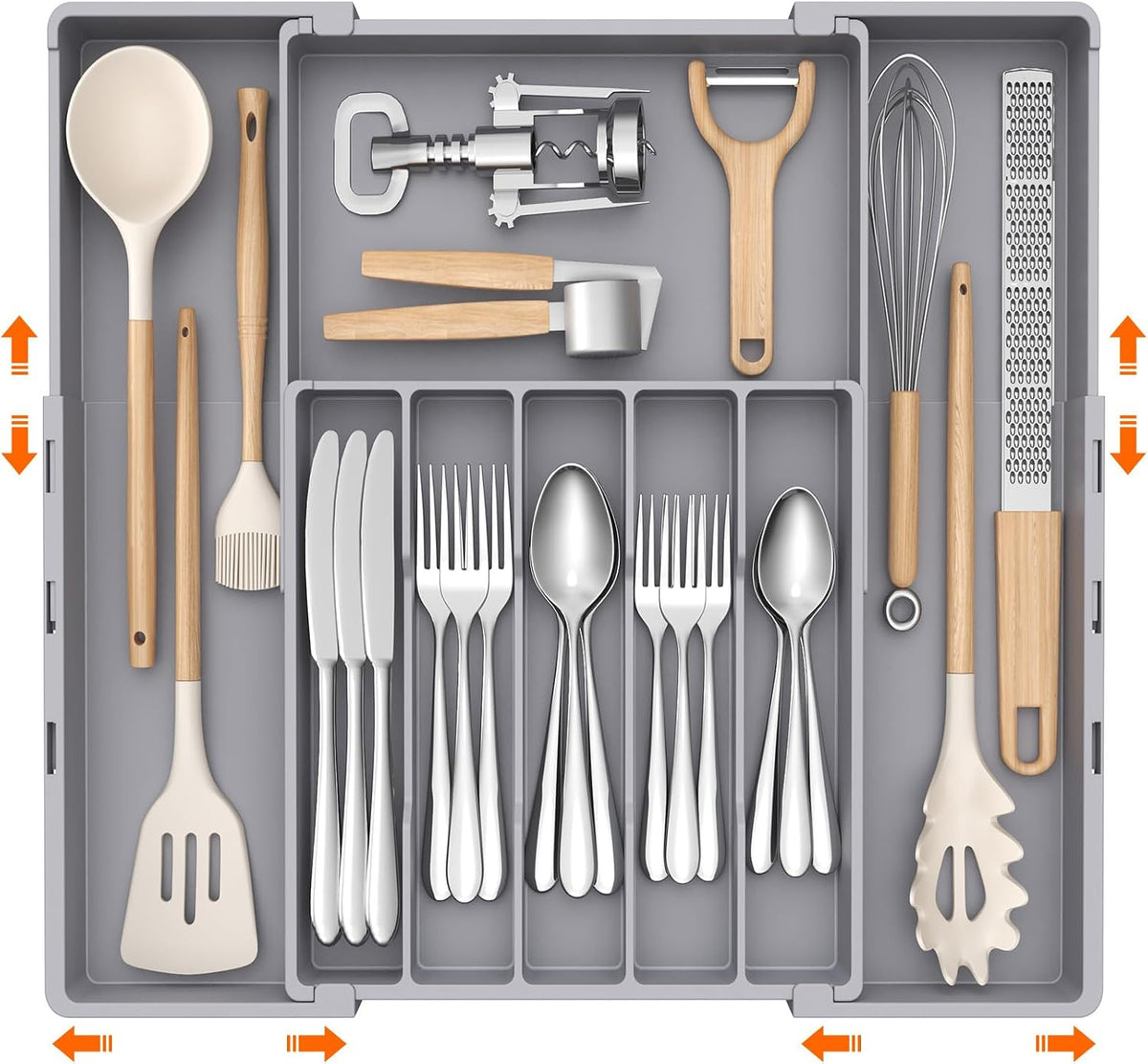 Expandable Silverware Drawer Organizer, Utensil Tray for Kitchen | BPA Free Flatware Cutlery Holder, Adjustable Plastic Storage Spoons Forks Knives, 8.9-14.3 x 11.3-19.4 x 1.7", Black