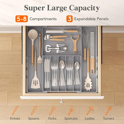 Expandable Silverware Drawer Organizer, Utensil Tray for Kitchen | BPA Free Flatware Cutlery Holder, Adjustable Plastic Storage Spoons Forks Knives, 8.9-14.3 x 11.3-19.4 x 1.7", Black