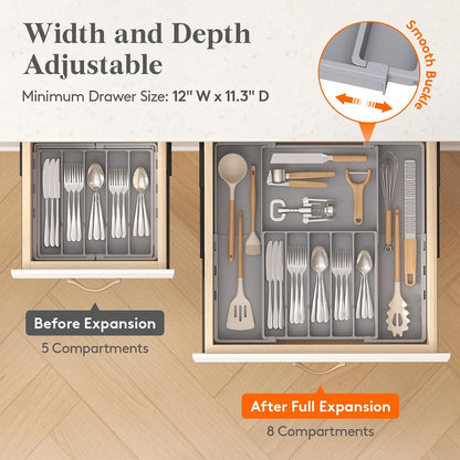 Expandable Silverware Drawer Organizer, Utensil Tray for Kitchen | BPA Free Flatware Cutlery Holder, Adjustable Plastic Storage Spoons Forks Knives, 8.9-14.3 x 11.3-19.4 x 1.7", Black