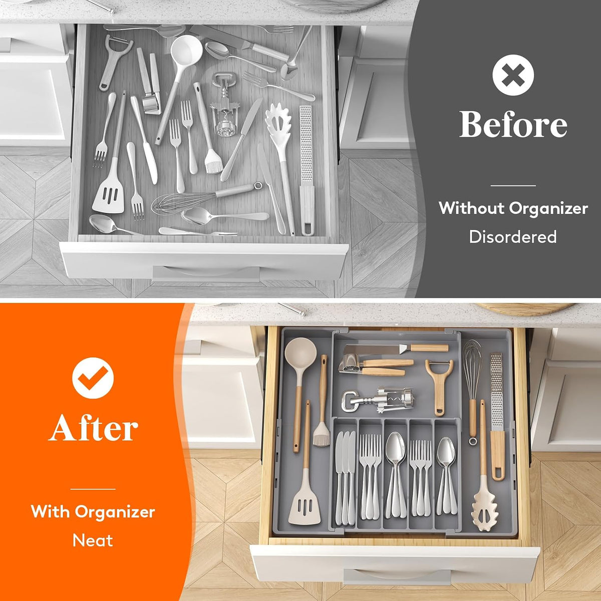 Expandable Silverware Drawer Organizer, Utensil Tray for Kitchen | BPA Free Flatware Cutlery Holder, Adjustable Plastic Storage Spoons Forks Knives, 8.9-14.3 x 11.3-19.4 x 1.7", Black