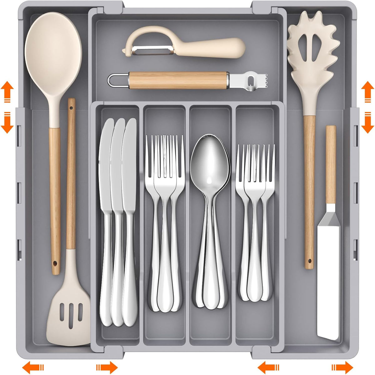Expandable Silverware Drawer Organizer, Utensil Tray for Kitchen | BPA Free Flatware Cutlery Holder, Adjustable Plastic Storage Spoons Forks Knives, 8.9-14.3 x 11.3-19.4 x 1.7", Black