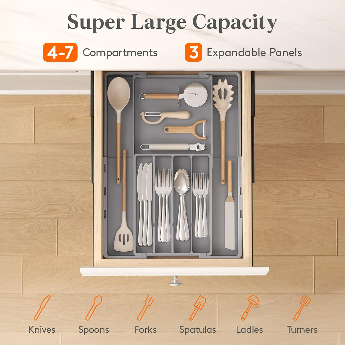 Expandable Silverware Drawer Organizer, Utensil Tray for Kitchen | BPA Free Flatware Cutlery Holder, Adjustable Plastic Storage Spoons Forks Knives, 8.9-14.3 x 11.3-19.4 x 1.7", Black