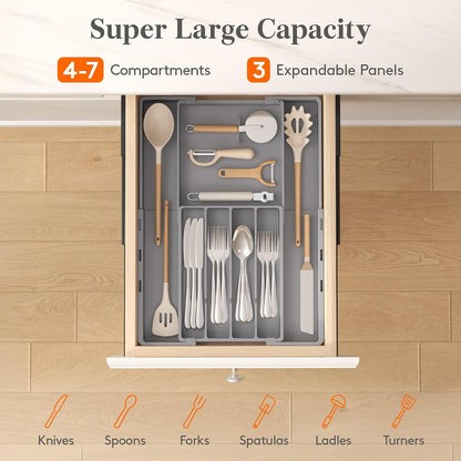 Expandable Silverware Drawer Organizer, Utensil Tray for Kitchen | BPA Free Flatware Cutlery Holder, Adjustable Plastic Storage Spoons Forks Knives, 8.9-14.3 x 11.3-19.4 x 1.7", Black