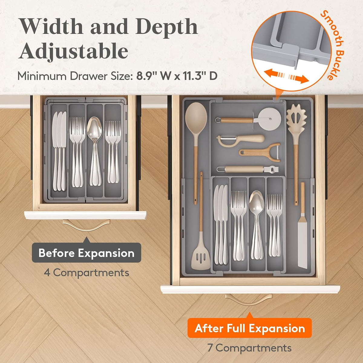 Expandable Silverware Drawer Organizer, Utensil Tray for Kitchen | BPA Free Flatware Cutlery Holder, Adjustable Plastic Storage Spoons Forks Knives, 8.9-14.3 x 11.3-19.4 x 1.7", Black