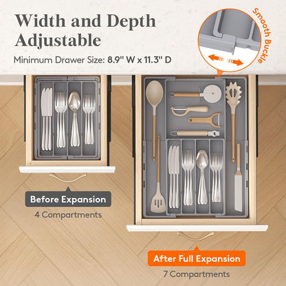 Expandable Silverware Drawer Organizer, Utensil Tray for Kitchen | BPA Free Flatware Cutlery Holder, Adjustable Plastic Storage Spoons Forks Knives, 8.9-14.3 x 11.3-19.4 x 1.7", Black