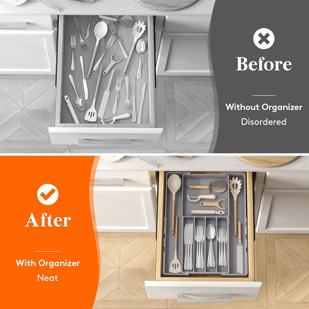 Expandable Silverware Drawer Organizer, Utensil Tray for Kitchen | BPA Free Flatware Cutlery Holder, Adjustable Plastic Storage Spoons Forks Knives, 8.9-14.3 x 11.3-19.4 x 1.7", Black