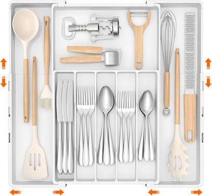 Expandable Silverware Drawer Organizer, Utensil Tray for Kitchen | BPA Free Flatware Cutlery Holder, Adjustable Plastic Storage Spoons Forks Knives, 8.9-14.3 x 11.3-19.4 x 1.7", Black