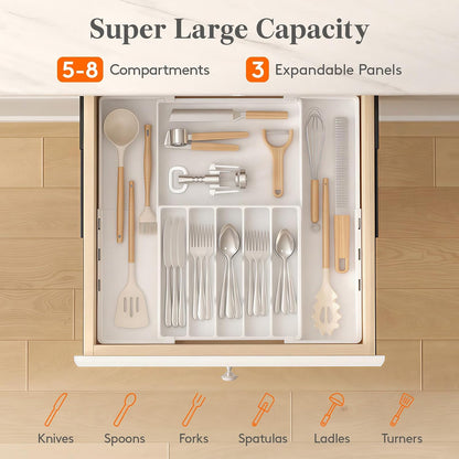 Expandable Silverware Drawer Organizer, Utensil Tray for Kitchen | BPA Free Flatware Cutlery Holder, Adjustable Plastic Storage Spoons Forks Knives, 8.9-14.3 x 11.3-19.4 x 1.7", Black