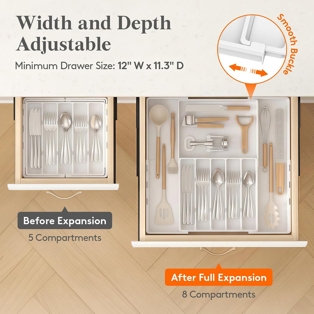 Expandable Silverware Drawer Organizer, Utensil Tray for Kitchen | BPA Free Flatware Cutlery Holder, Adjustable Plastic Storage Spoons Forks Knives, 8.9-14.3 x 11.3-19.4 x 1.7", Black