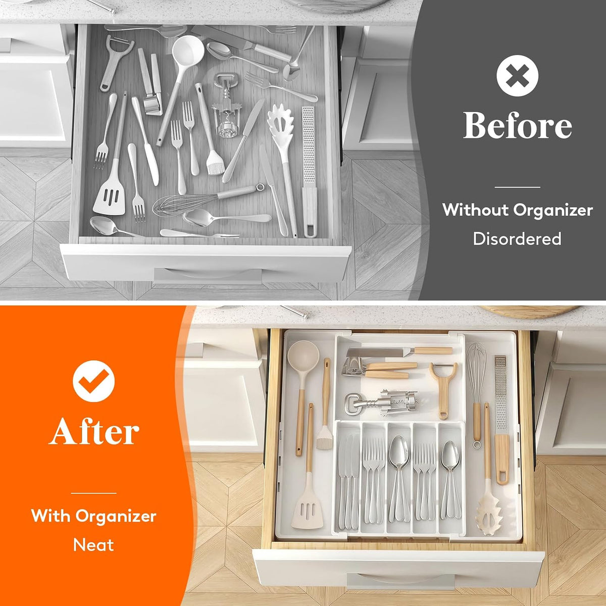 Expandable Silverware Drawer Organizer, Utensil Tray for Kitchen | BPA Free Flatware Cutlery Holder, Adjustable Plastic Storage Spoons Forks Knives, 8.9-14.3 x 11.3-19.4 x 1.7", Black