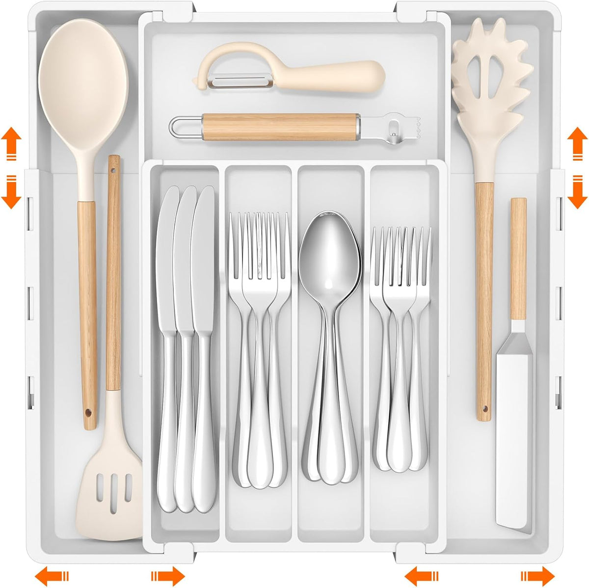 Expandable Silverware Drawer Organizer, Utensil Tray for Kitchen | BPA Free Flatware Cutlery Holder, Adjustable Plastic Storage Spoons Forks Knives, 8.9-14.3 x 11.3-19.4 x 1.7", Black