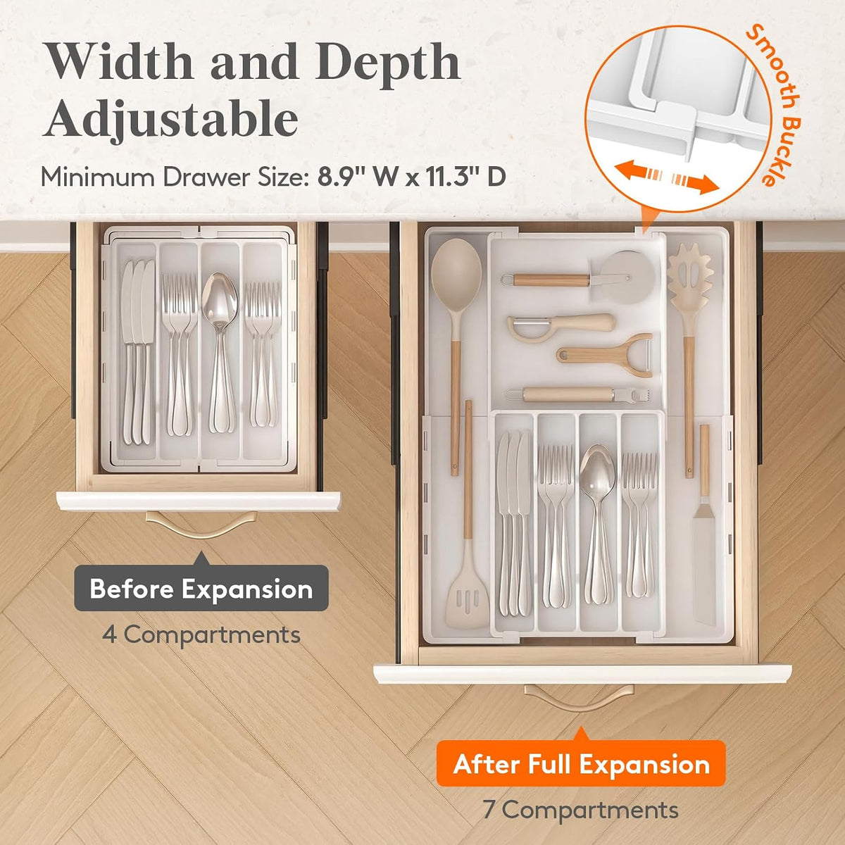 Expandable Silverware Drawer Organizer, Utensil Tray for Kitchen | BPA Free Flatware Cutlery Holder, Adjustable Plastic Storage Spoons Forks Knives, 8.9-14.3 x 11.3-19.4 x 1.7", Black