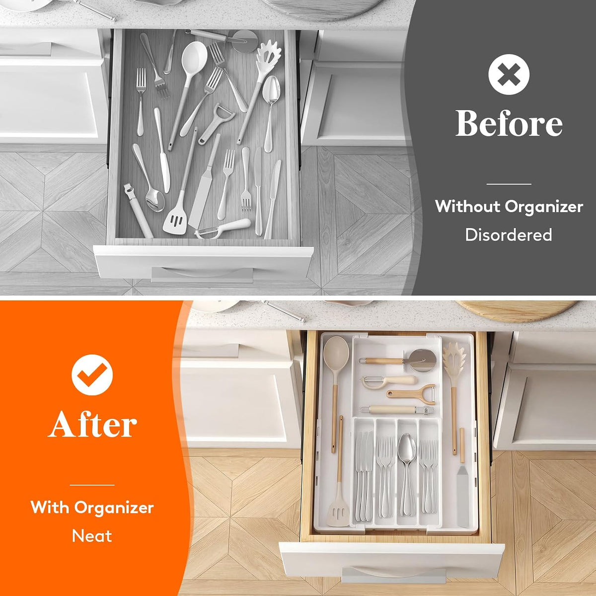 Expandable Silverware Drawer Organizer, Utensil Tray for Kitchen | BPA Free Flatware Cutlery Holder, Adjustable Plastic Storage Spoons Forks Knives, 8.9-14.3 x 11.3-19.4 x 1.7", Black