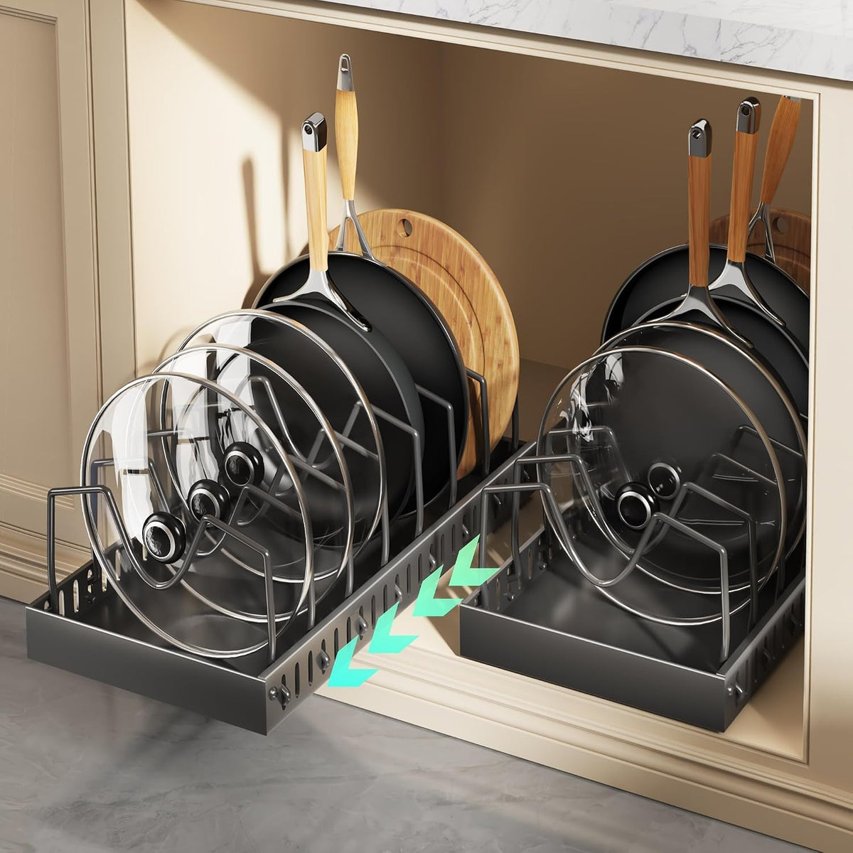 Lozovin Pull Out Pots and Pans Organizer Under Cabinet, Sliding Lid Holder and Pan Rack in Kitchen, Slide Out Inside Cabinet Storage for Pot Lid, Bakeware, Dishes, 8 Adjustable Dividers, 2 Pack Black