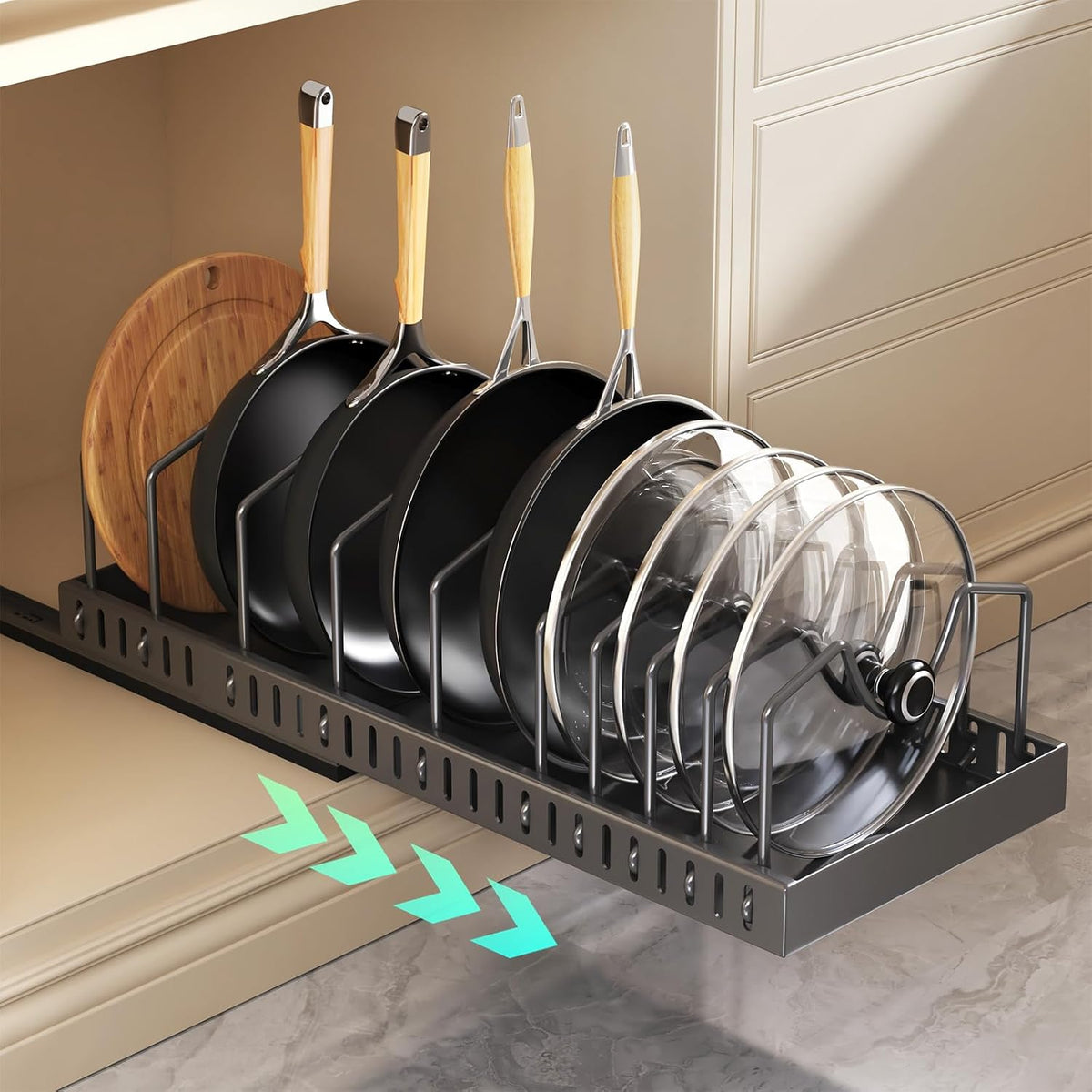 Lozovin Pull Out Pots and Pans Organizer Under Cabinet, Sliding Lid Holder and Pan Rack in Kitchen, Slide Out Inside Cabinet Storage for Pot Lid, Bakeware, Dishes, 8 Adjustable Dividers, 2 Pack Black