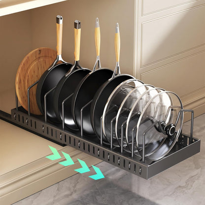 Lozovin Pull Out Pots and Pans Organizer Under Cabinet, Sliding Lid Holder and Pan Rack in Kitchen, Slide Out Inside Cabinet Storage for Pot Lid, Bakeware, Dishes, 8 Adjustable Dividers, 2 Pack Black