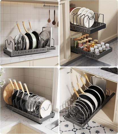 Lozovin Pull Out Pots and Pans Organizer Under Cabinet, Sliding Lid Holder and Pan Rack in Kitchen, Slide Out Inside Cabinet Storage for Pot Lid, Bakeware, Dishes, 8 Adjustable Dividers, 2 Pack Black