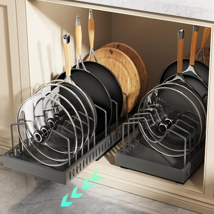 Lozovin Pull Out Pots and Pans Organizer Under Cabinet, Sliding Lid Holder and Pan Rack in Kitchen, Slide Out Inside Cabinet Storage for Pot Lid, Bakeware, Dishes, 8 Adjustable Dividers, 2 Pack Black