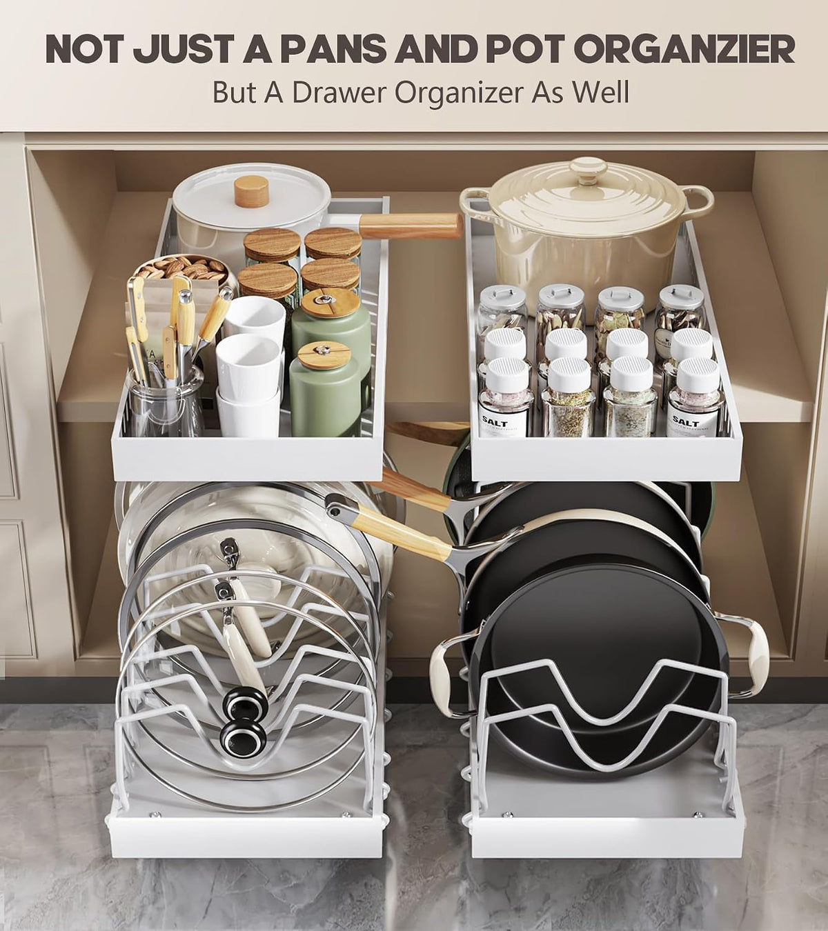 Lozovin Pull Out Pots and Pans Organizer Under Cabinet, Sliding Lid Holder and Pan Rack in Kitchen, Slide Out Inside Cabinet Storage for Pot Lid, Bakeware, Dishes, 8 Adjustable Dividers, 2 Pack Black