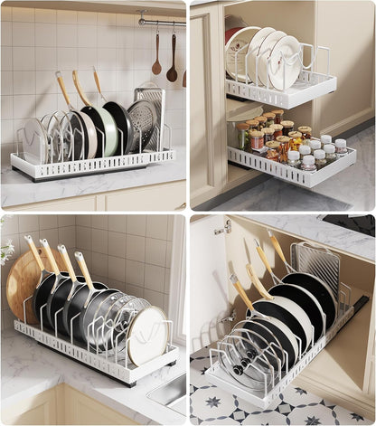 Lozovin Pull Out Pots and Pans Organizer Under Cabinet, Sliding Lid Holder and Pan Rack in Kitchen, Slide Out Inside Cabinet Storage for Pot Lid, Bakeware, Dishes, 8 Adjustable Dividers, 2 Pack Black