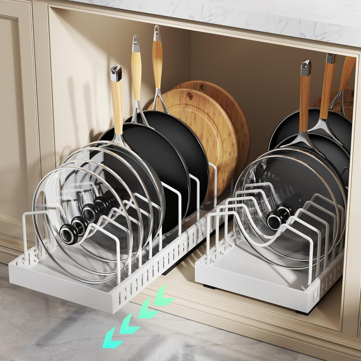 Lozovin Pull Out Pots and Pans Organizer Under Cabinet, Sliding Lid Holder and Pan Rack in Kitchen, Slide Out Inside Cabinet Storage for Pot Lid, Bakeware, Dishes, 8 Adjustable Dividers, 2 Pack Black