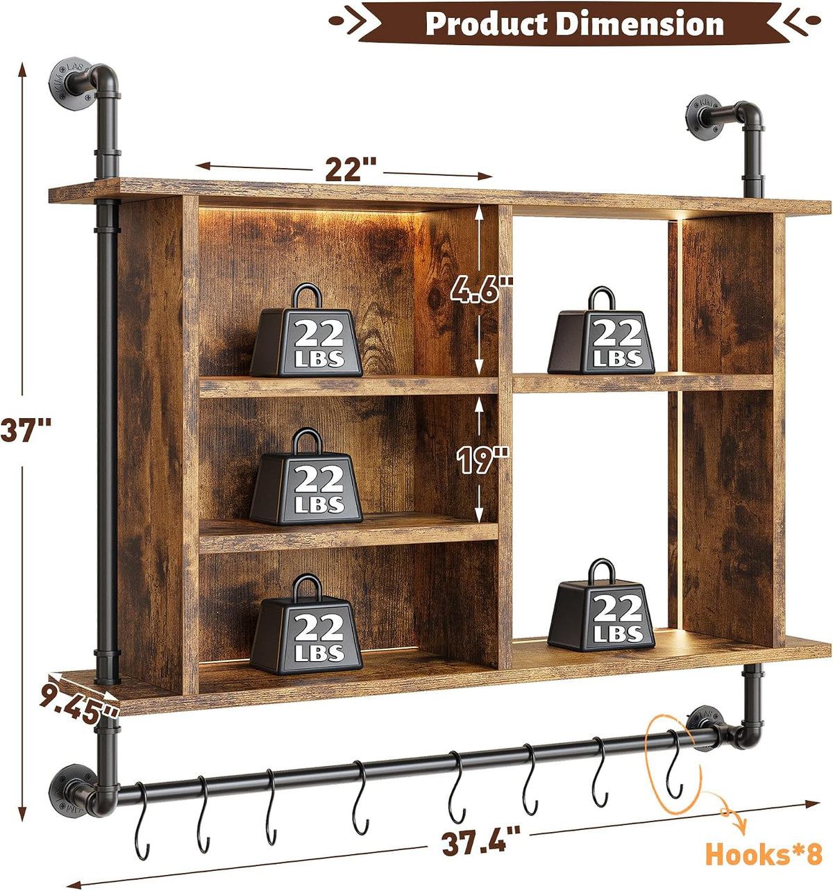 37.4" Floating Shelf with LED for Kitchen, Rustic Brown