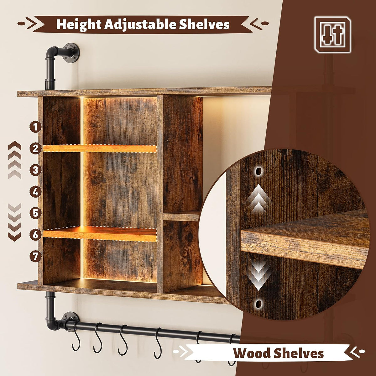 37.4" Floating Shelf with LED for Kitchen, Rustic Brown